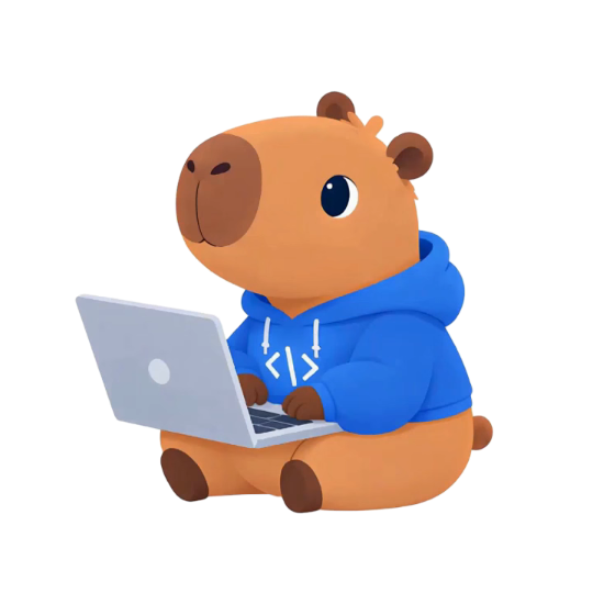 Cody the capybara coding on his laptop